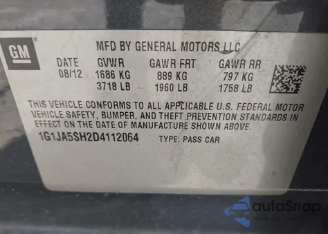 2013 Chevrolet Sonic Ls Auto из США, поврежденный, VIN 1G1JA5SH2D4112064